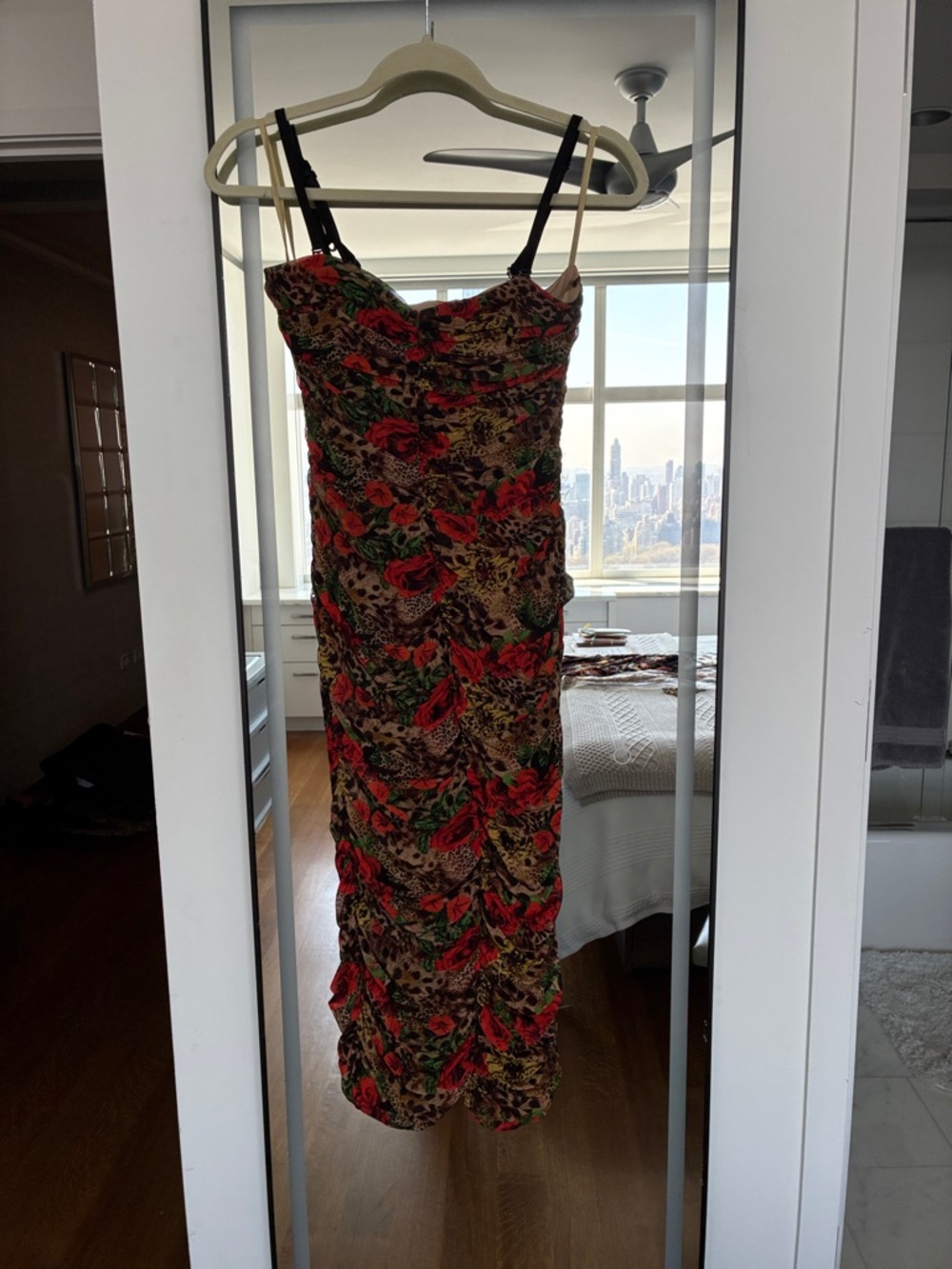 L'AGENCE Red and Green Floral Ruched Slip Midi Dress